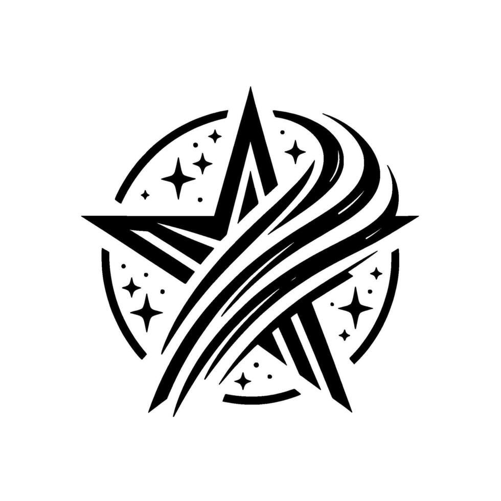 Bold Black and White Star A Circular Emblem Featuring Stars, Swirls, and a Geometric FivePointed Star. vector