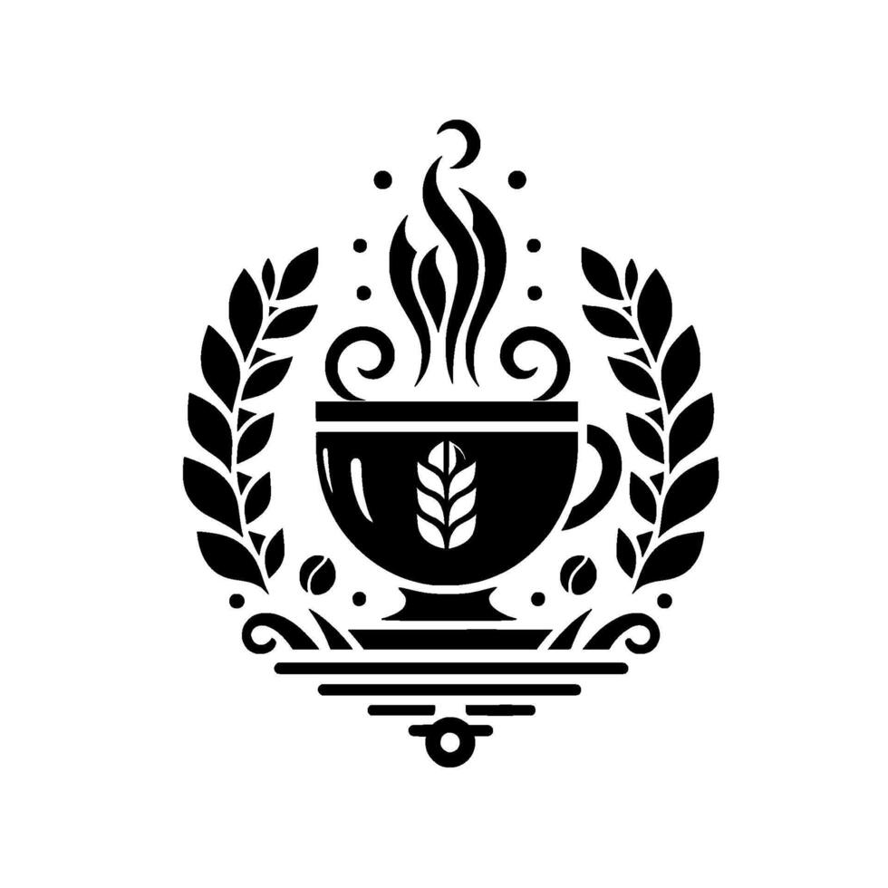 Elegant Black and White Coffee Cup with Steam, Leafy Wreath, Coffee Beans and a Grainlike Illustration. vector