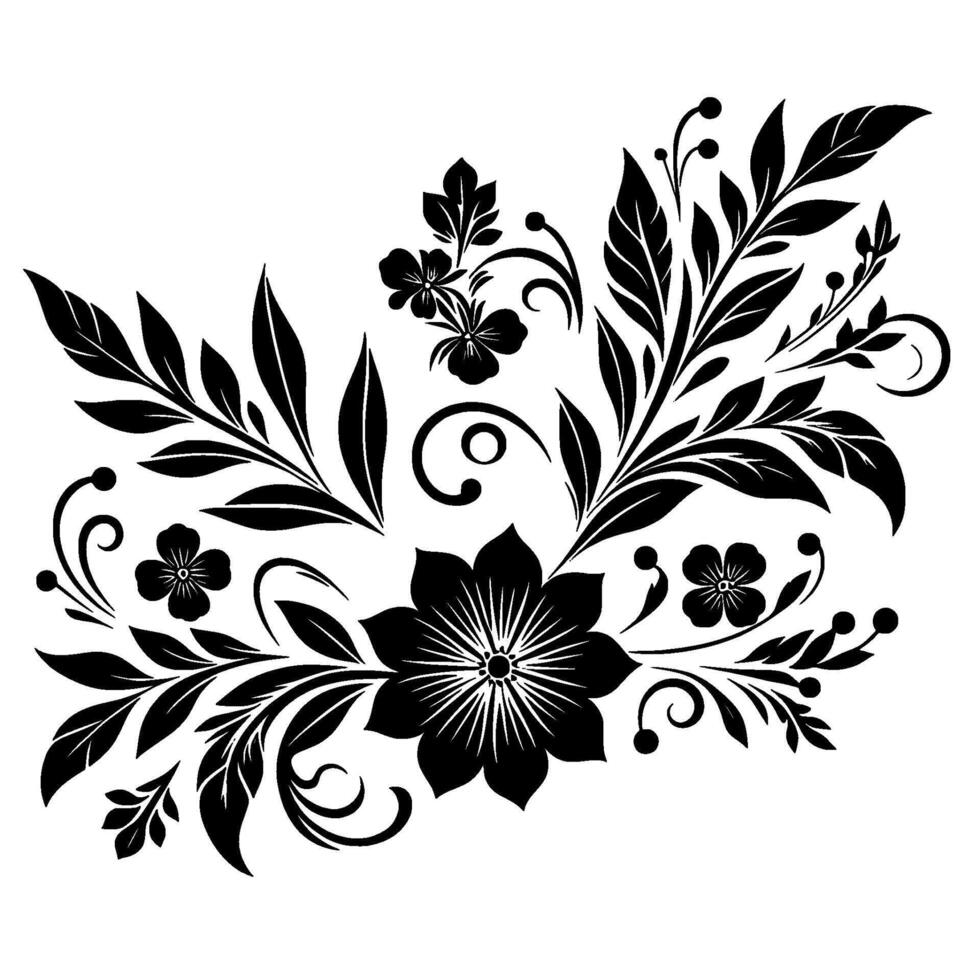 Black and White Floral Elegant botanical arrangement featuring intricate flowers, leaves, and swirls against a white background, exuding sophistication. vector