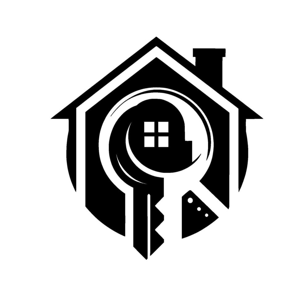 A Bold, Monochromatic Real Estate Featuring a House Silhouette Integrated With a Key and Circle . vector