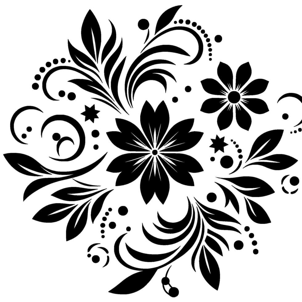 Symmetrical Black Floral Mandala with Swirls, Leaves, Stars and Dot Accents on a White Background. vector