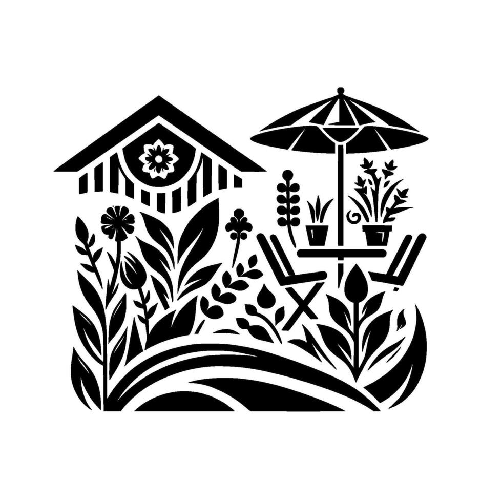 Black and white stylized illustration of a garden scene, featuring a shed, outdoor seating, and lush flora. vector