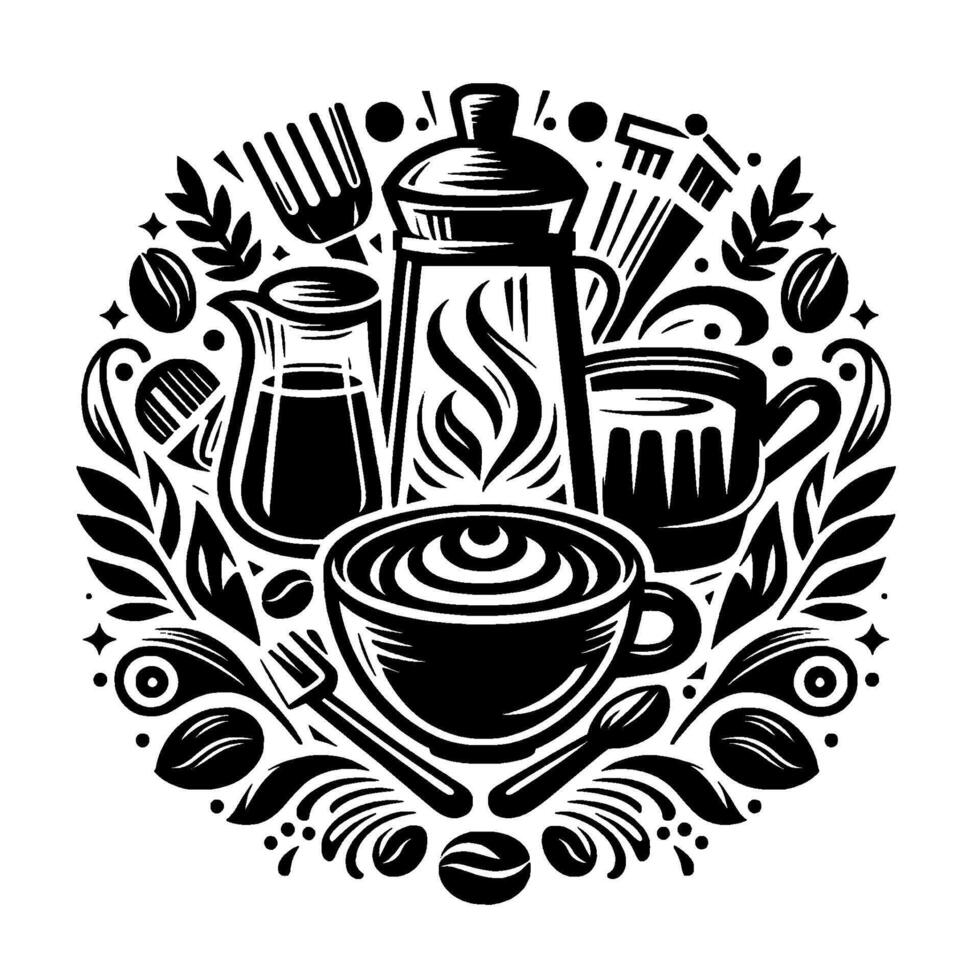 Artistic Black and White Circular Composition of Coffee Brewing Tools, Cups, Beans, and Floral Elements. vector
