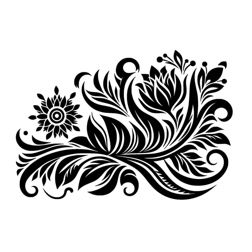 Black and white ornate floral with a sunburst flower, flowing leaves, and swirling accents against a stark white background. vector