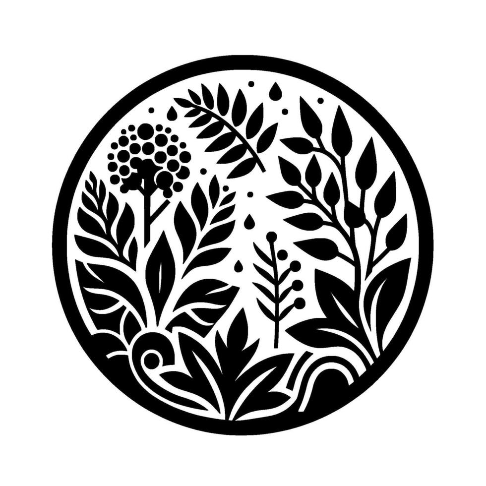 Intricate Circular Black and White Floral with Stylized Leaves, Berries, and Water Droplets on White Backdrop. vector