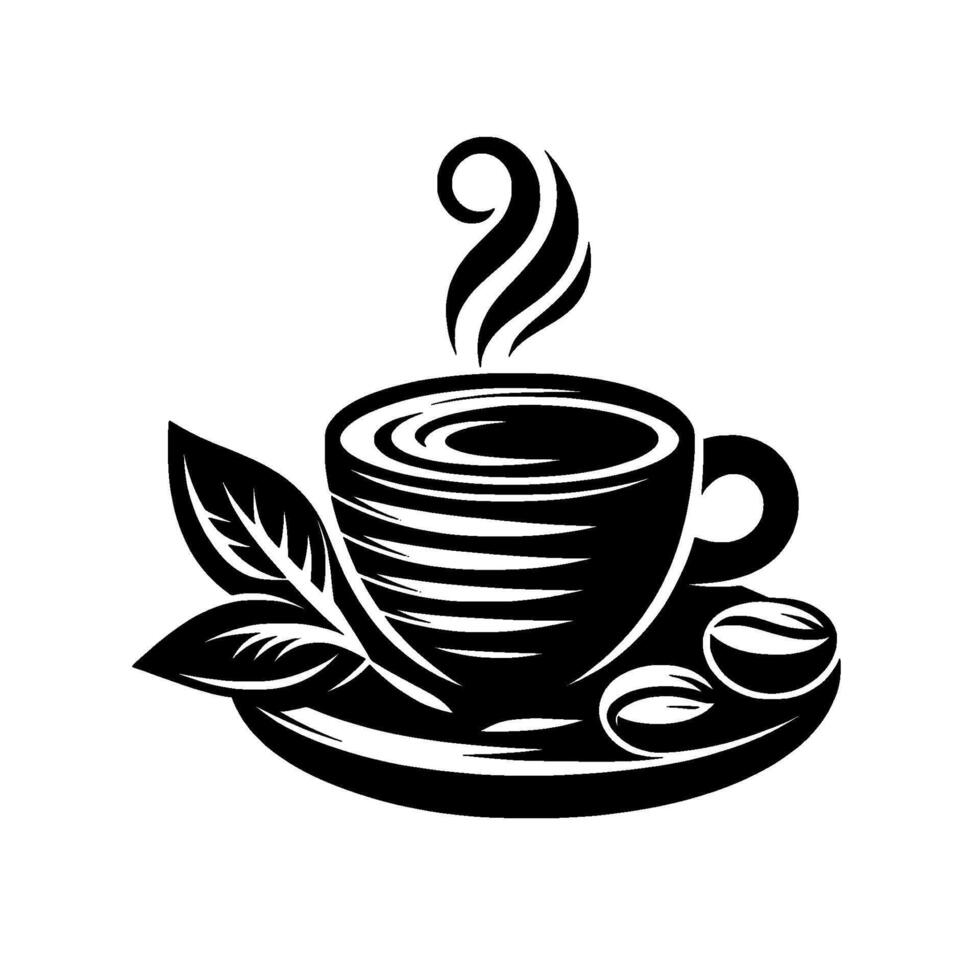 Monochromatic stylized coffee cup with steam, saucer, leaves, and beans, a classic black and white evoking warmth and aroma. vector