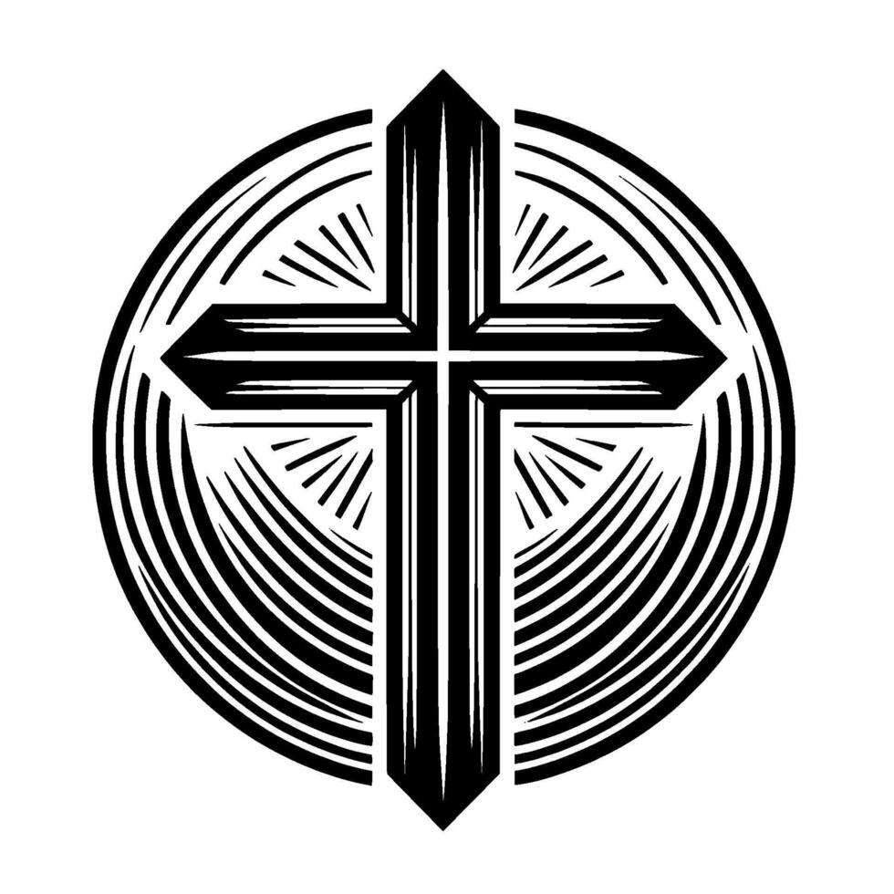 Striking monochrome illustration of a Christian cross encompassed by concentric curved and radiating lines, creating a sacred, . vector