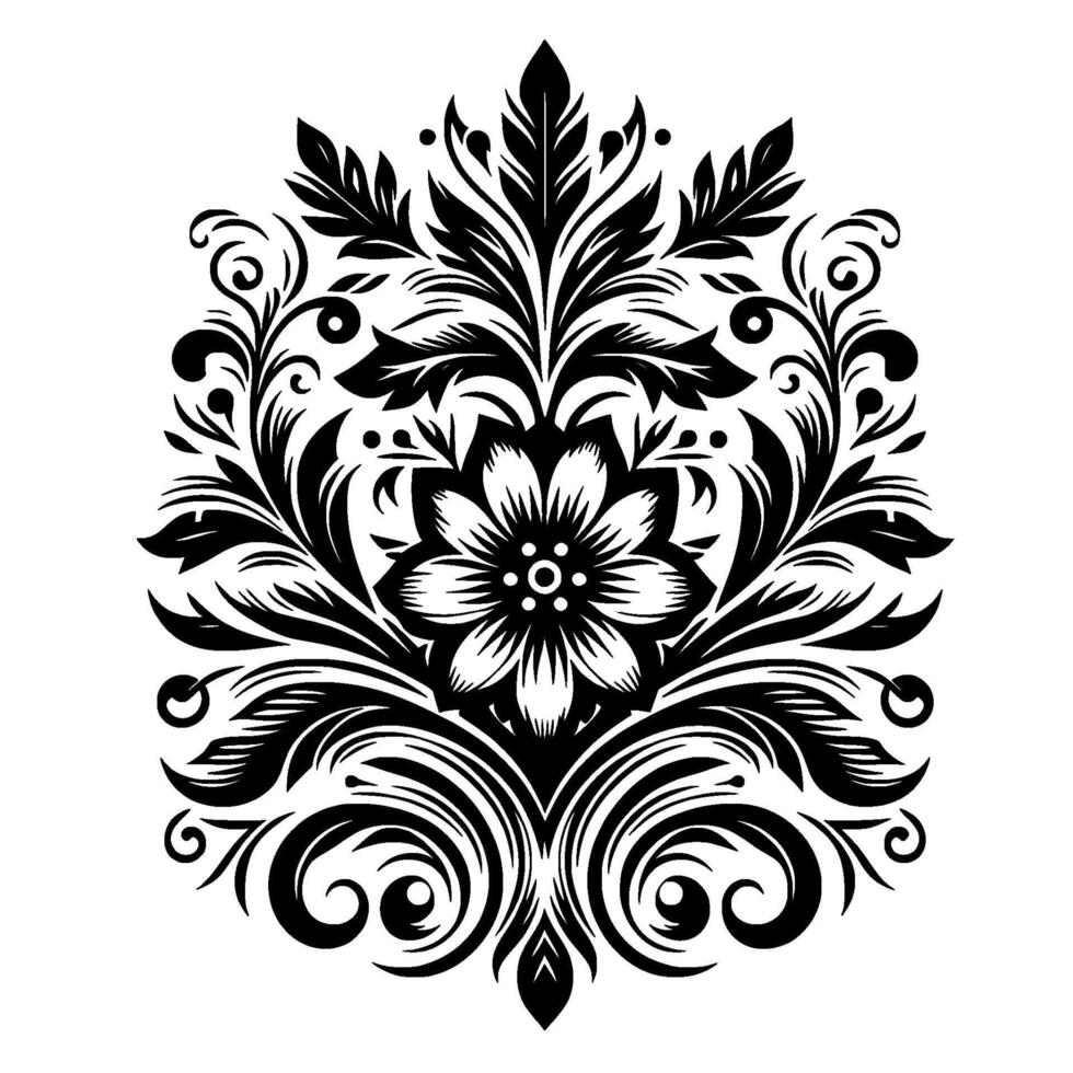 Ornate Black White Floral Damask Pattern, Symmetrical , Decorative Element with Leaves, Swirls, and Flower Center on White Backdrop. vector