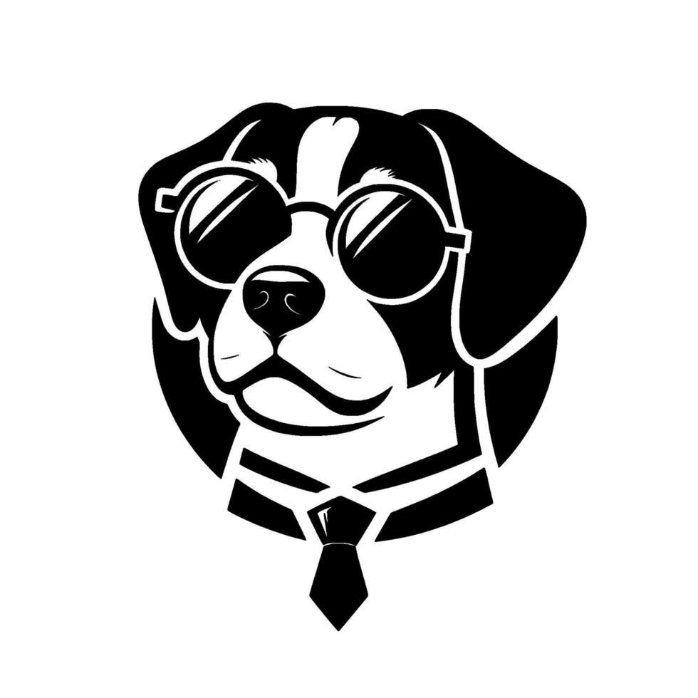 Stylish Black and White Dog Portrait Wearing Sunglasses and a Tie, Minimalist vector