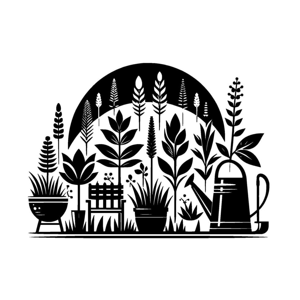 Minimalist Black and White Garden Scene with Varied Plants, Bench, Watering Can Under a SemiCircle Sun. vector