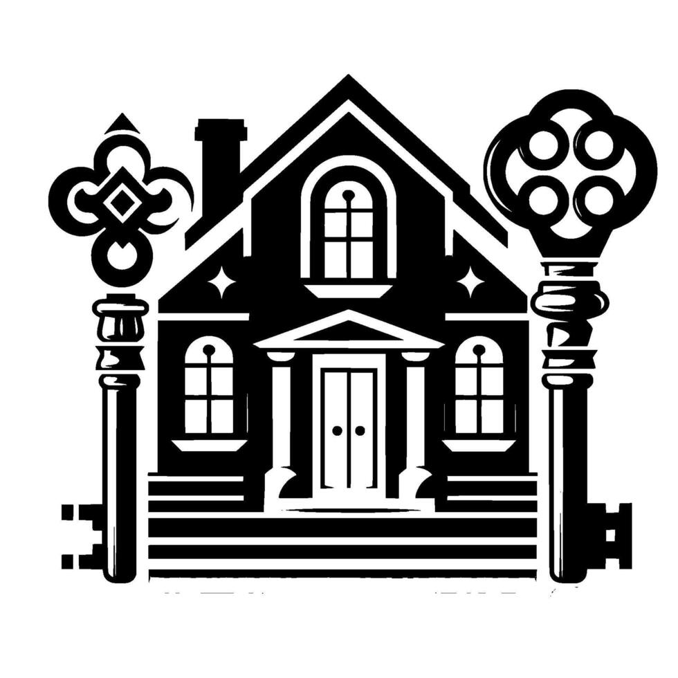 illustration of a black and white house with detailed keys on a white background with reflections. vector