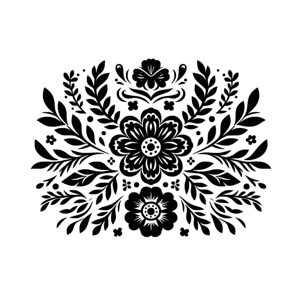Elegant Black and White Floral Arrangement A symmetrical featuring stylized flowers, leaves, and decorative elements on a clean white background. vector