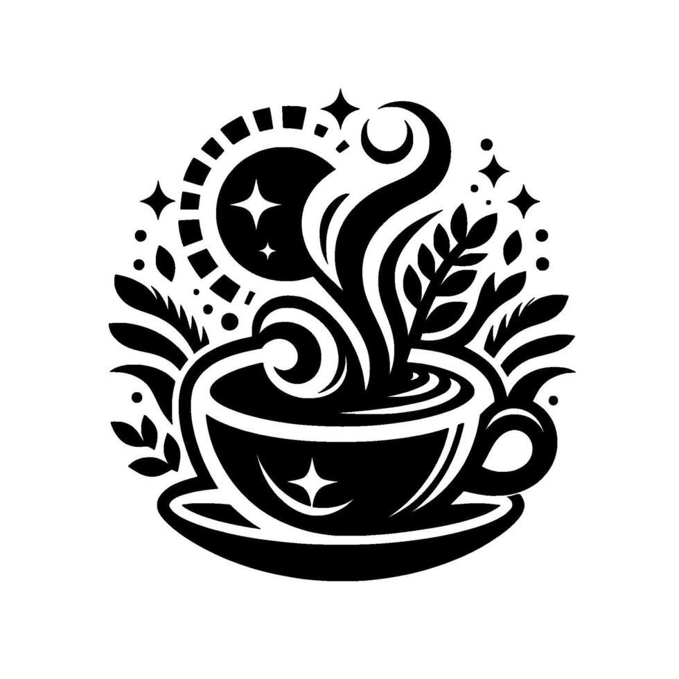 Stylized Monochrome Illustration Coffee Cup with Whimsical Steam, Celestial Elements, and Foliage, Set Against White Backdrop. vector