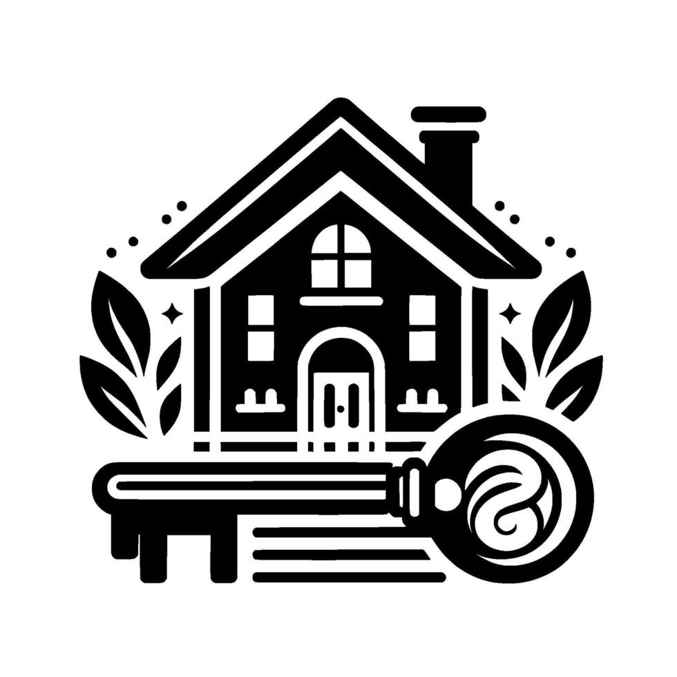 Black and White House and Key Emblem with Leafy Accents, Illustrating Homeownership, Real Estate, and Security. vector