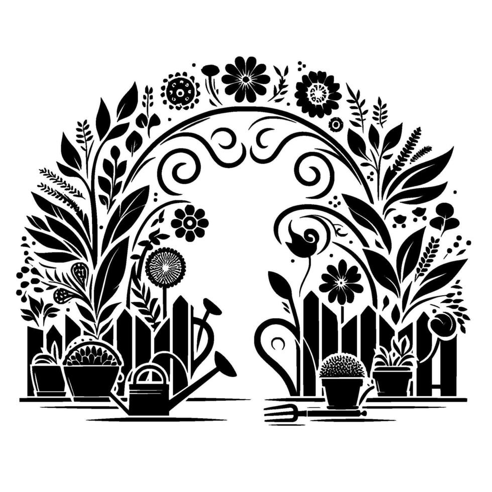Decorative Garden Archway Illustration Black White floral with fence, watering can, and garden tools. vector
