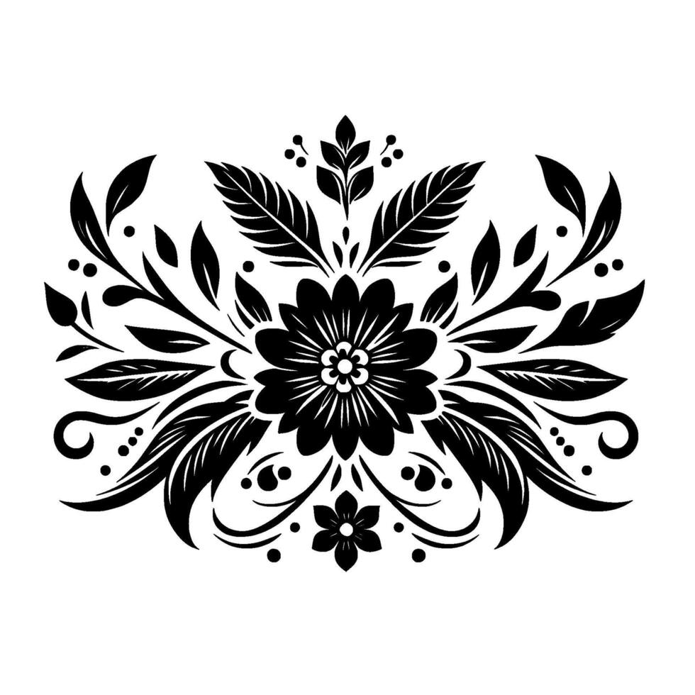 Symmetrical Black and White Floral , Detailed with Leaves, Curlicues, and Ornamental Dots, Set Against a Clean White Background. vector