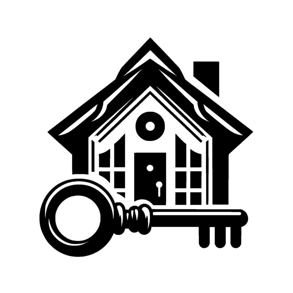 style illustration of a house silhouette with a prominent key, symbolizing homeownership and real estate against a white backdrop. vector