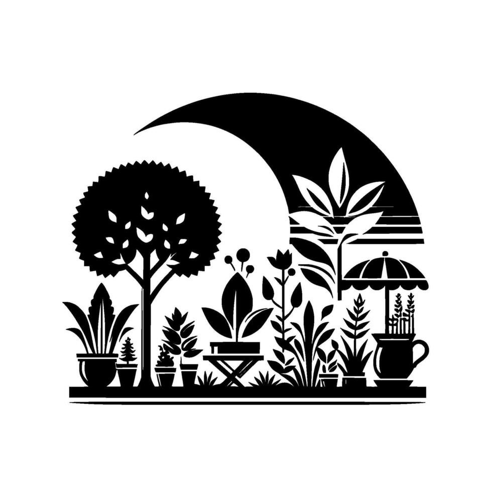 Stylized Garden Scene Black and white illustration of potted plants, a tree, and a parasol under a crescent. vector