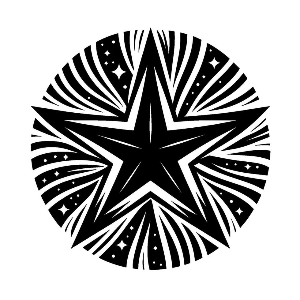 Bold Black Starburst in a Circle, with Bursting Rays, Sparkles and Orbs, on White Background. vector