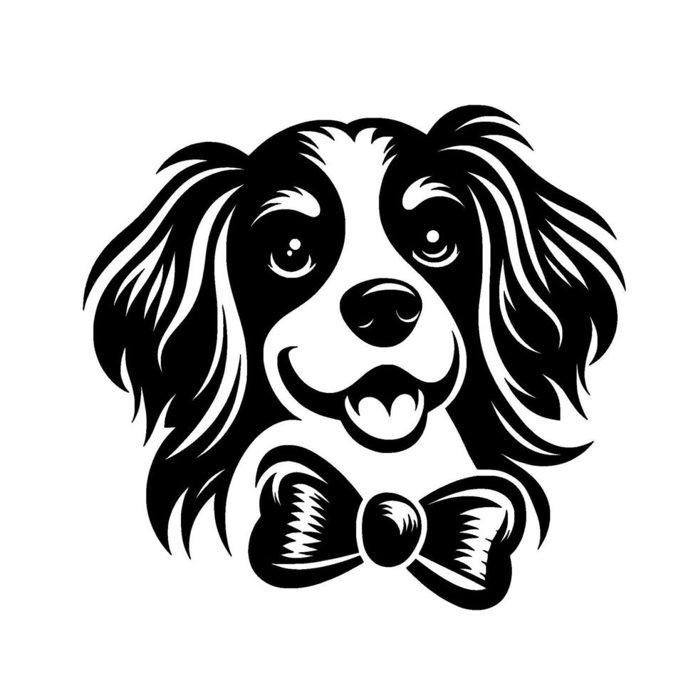 Adorable black and white dog illustration with floppy ears, smiling, wearing a bow tie against a white background. vector