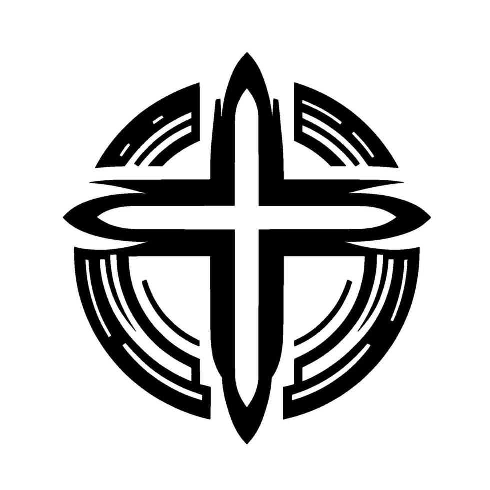 Stylized Black and White Geometric Symbol Cross Within a Circle with Architectural and Abstract Elements, Illustration. vector