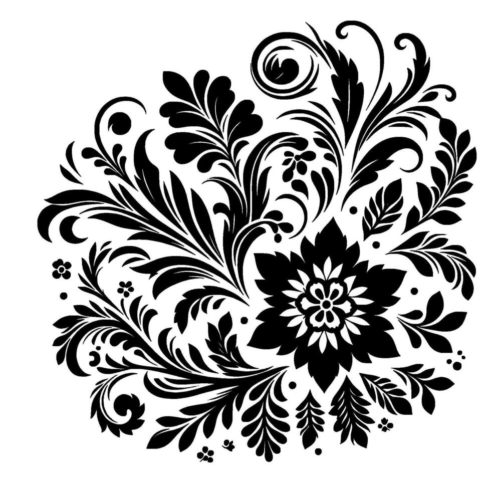 Intricate black floral ornament , stylized with a central bloom, leaves, and swirling tendrils, isolated on a white background. vector