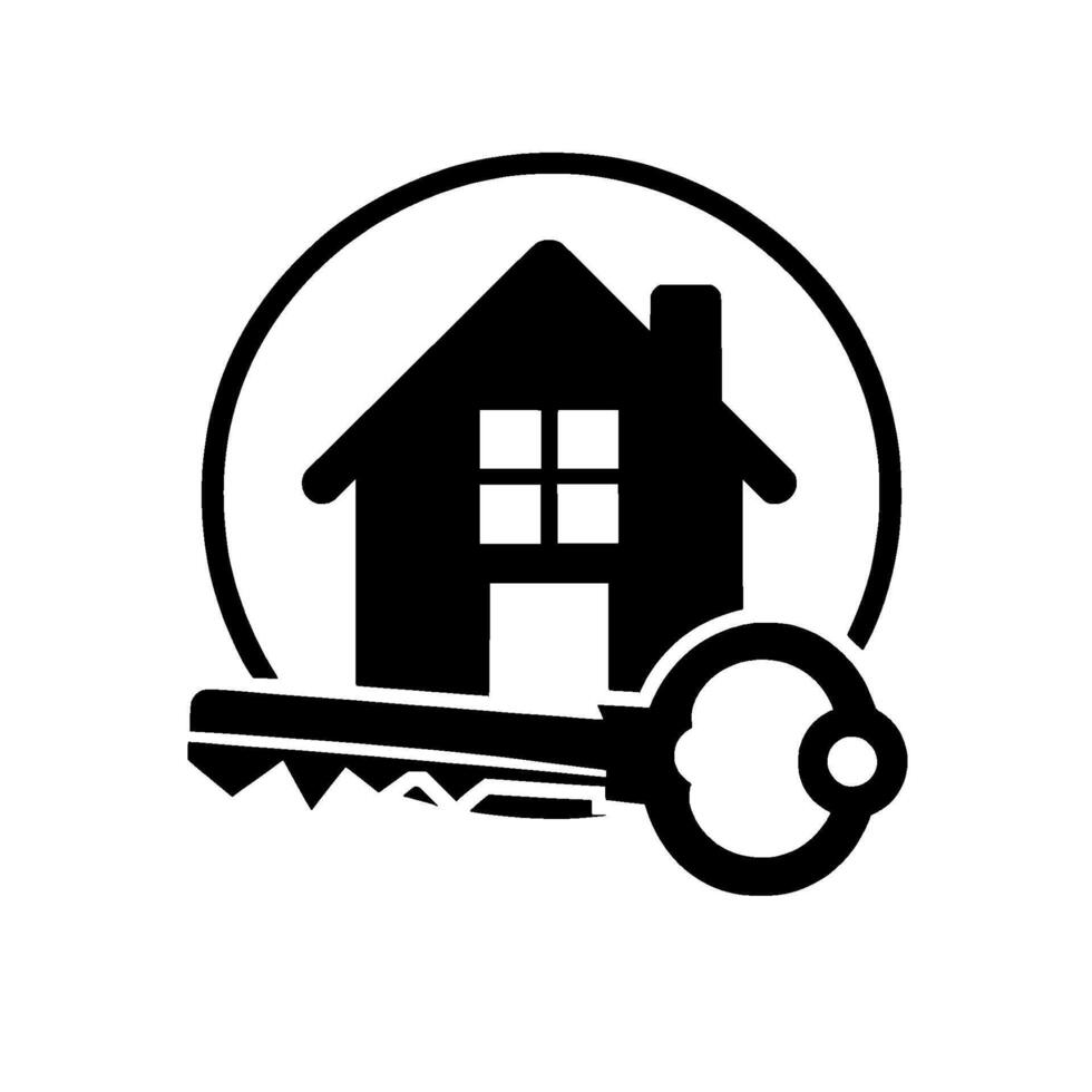 Black and White House and Key Inside a Circle, Representing Real Estate, Home Ownership, Security. vector
