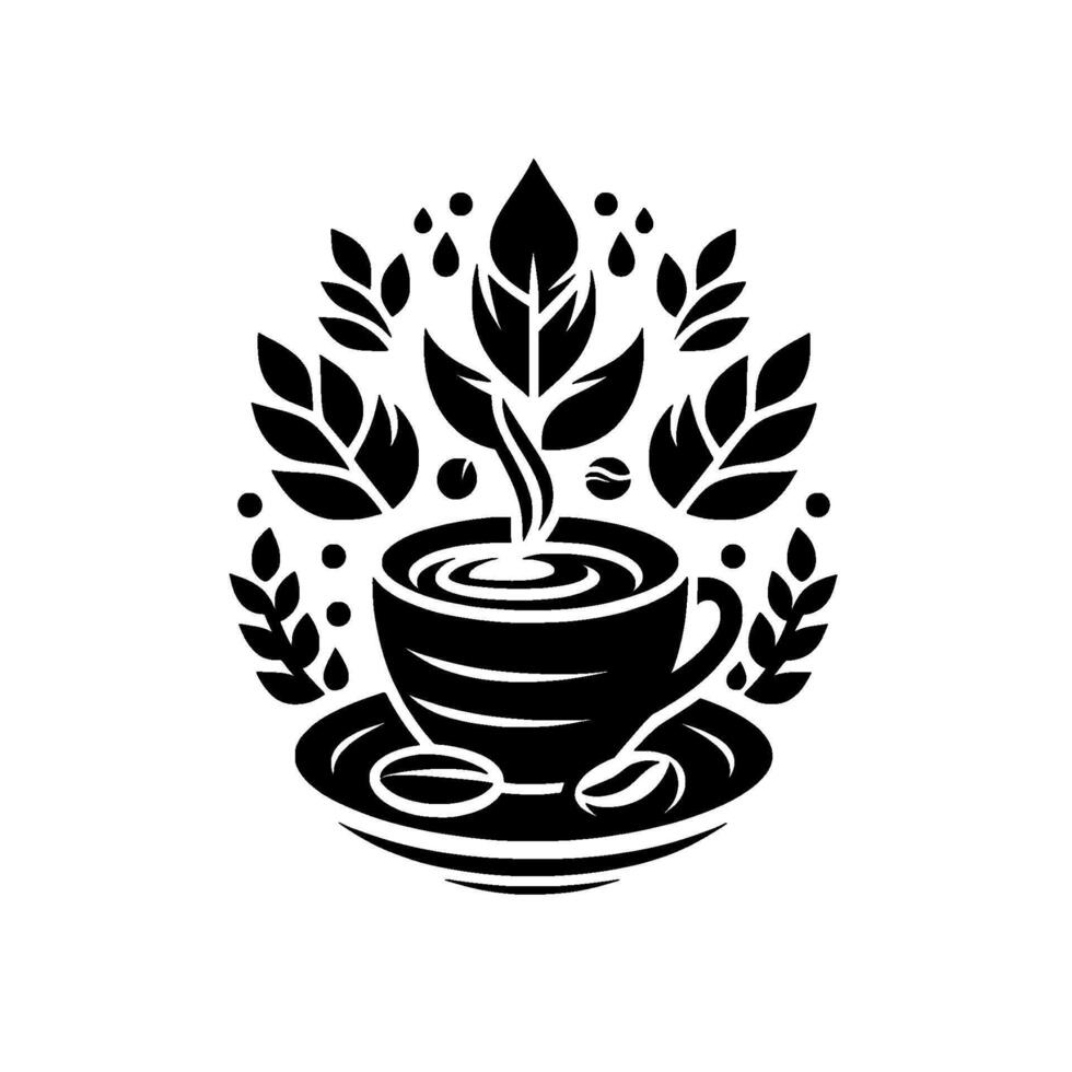 Stylized Black and White Coffee Cup with Sprouting Leaves and Coffee Beans, Organic Motif vector