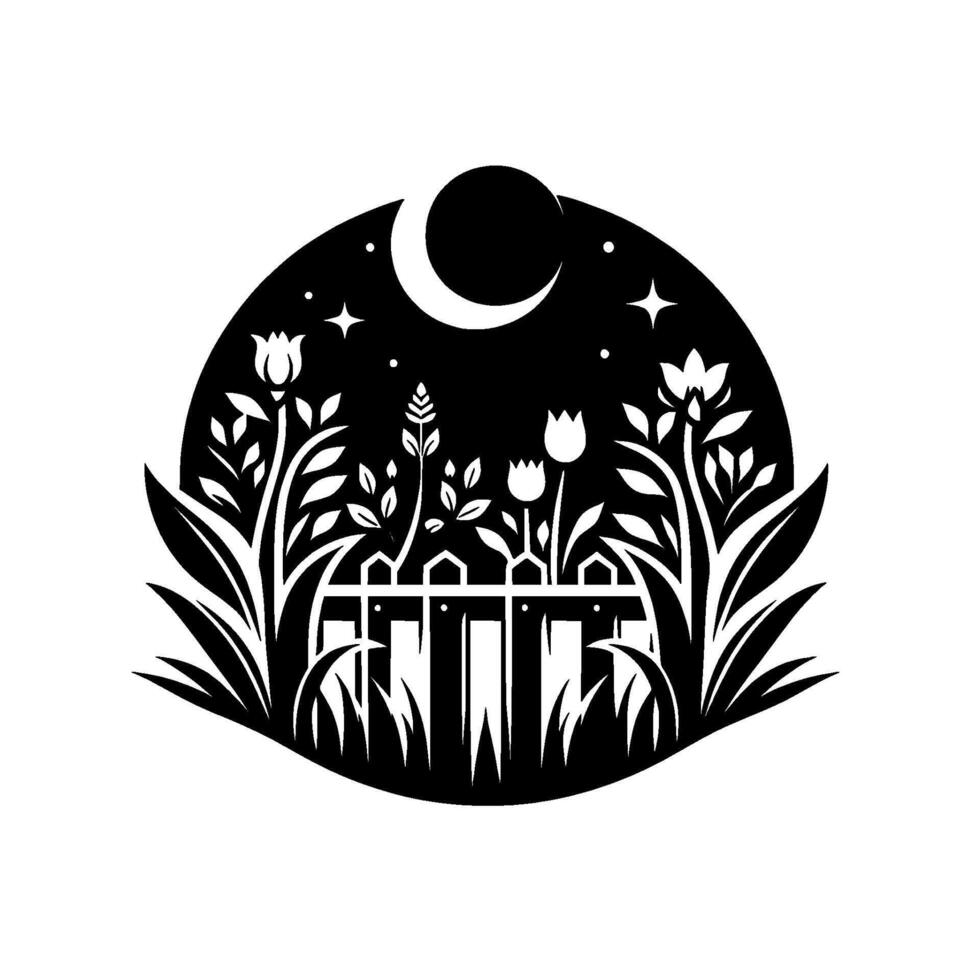 Stylized Black White Garden Silhouette Under Moon and Stars Floral Arrangement Behind White Picket Fence. vector