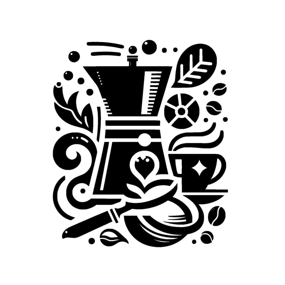Black and White Coffee Composition Italian Moka Pot, Cup, Beans, Leaves, and Decorative Elements. vector