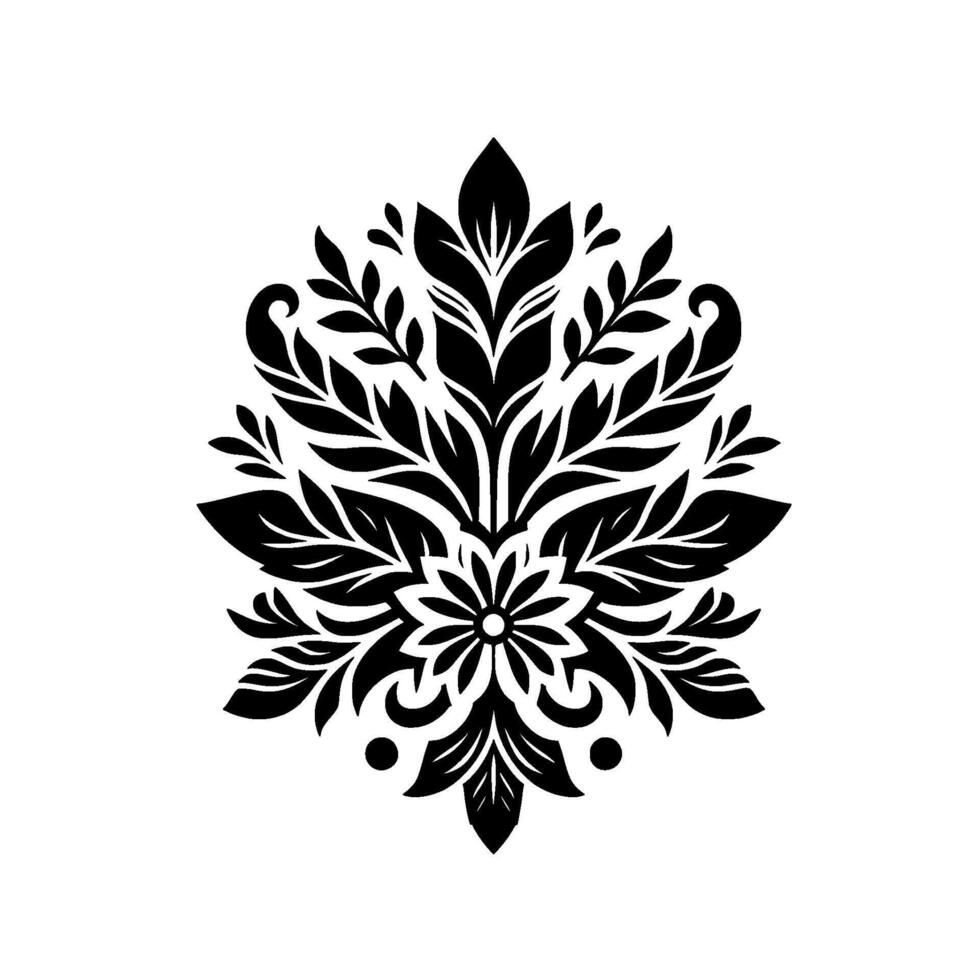 Symmetrical Black and White Floral and Leafy Damask Pattern with Detailed Foliage, Set Against a Pure White Background. vector
