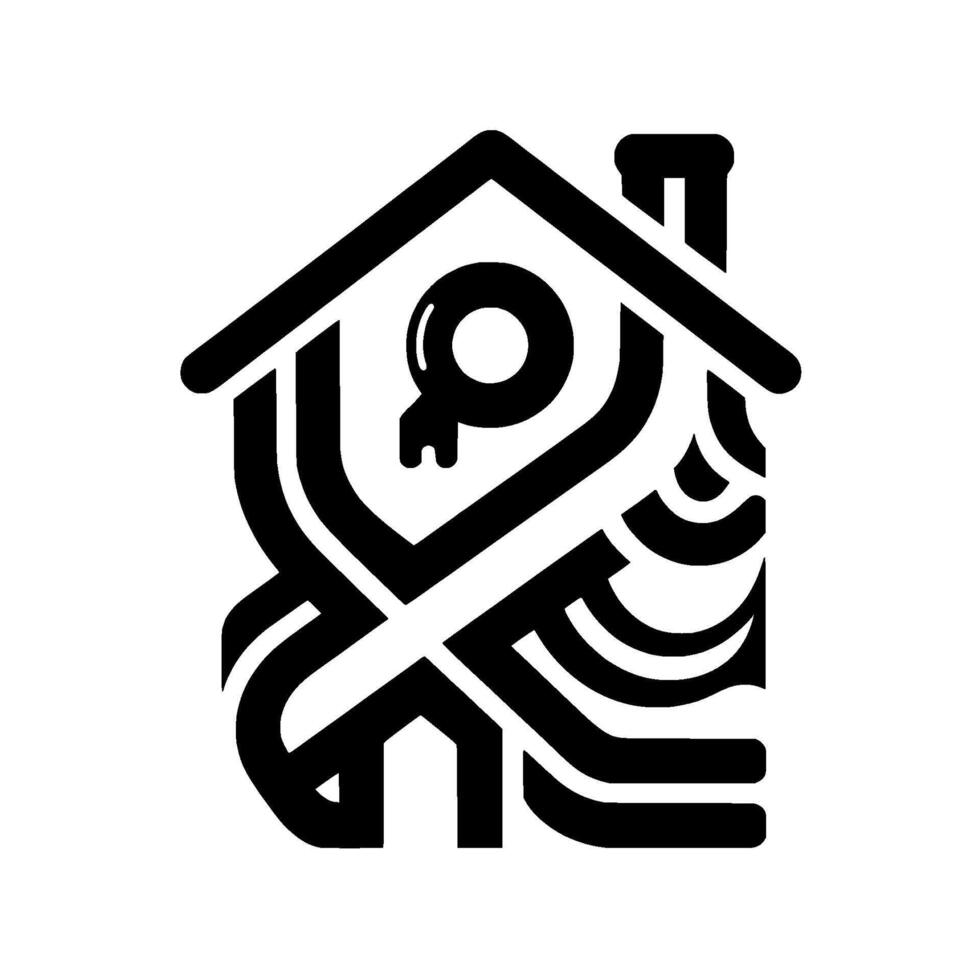 Abstract Black and White House Featuring A Keyhole, Intertwined Lines, and a Chimney Suggesting Smart Home Technology. vector