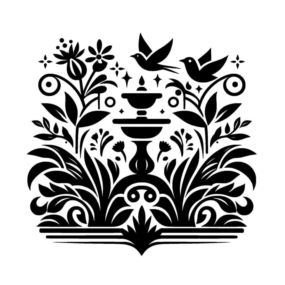 Elegant Black and White Illustration A symmetrical featuring a tiered fountain, flourishing flora, and soaring bird silhouettes. vector