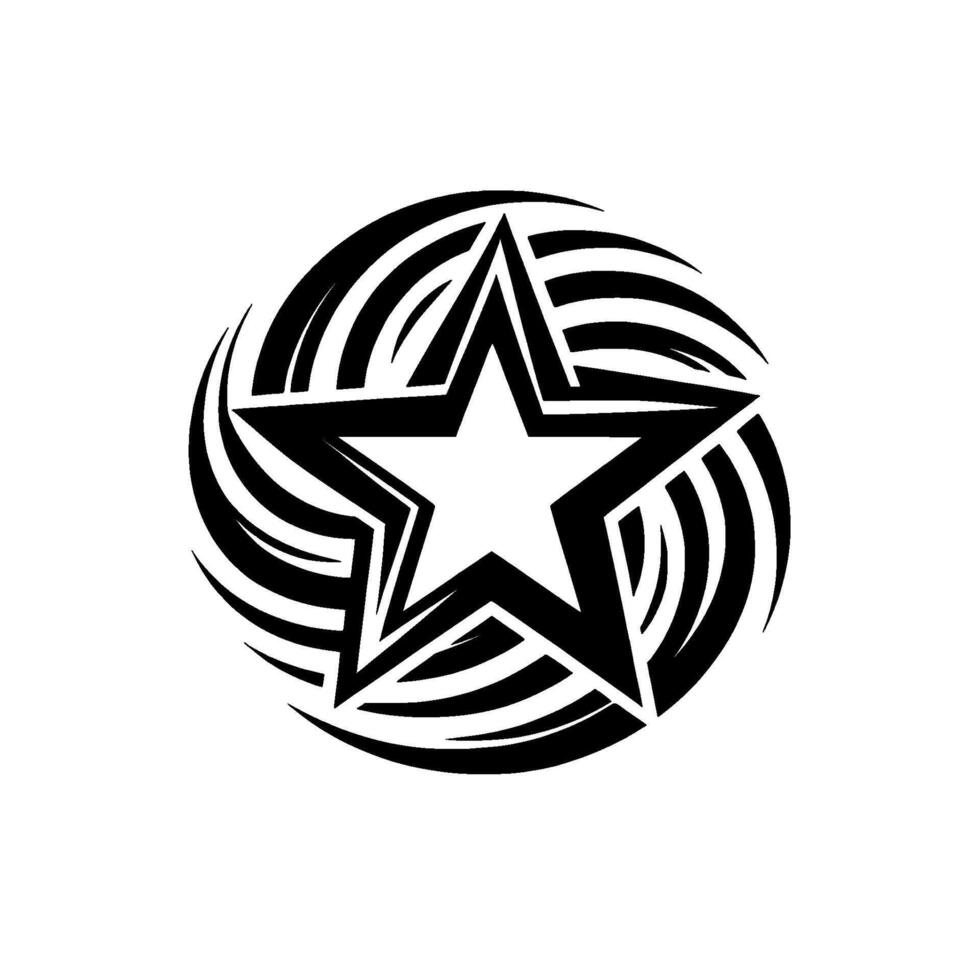 Black and White Starburst A central fivepointed star surrounded by a stylized, swirling tribalinspired pattern. vector