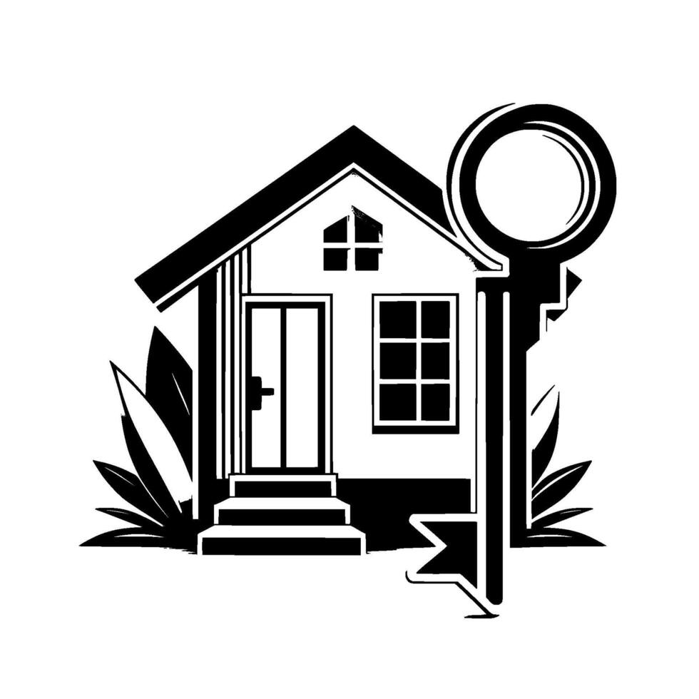 Black and White of a House with Key Symbolizing Home Ownership and Security, with Leaves vector
