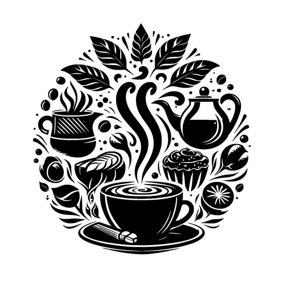 Circular Monochrome Illustration A Coffee Tea Still Life with Cup, Pot, Leaves, and Treats, in a Style. vector