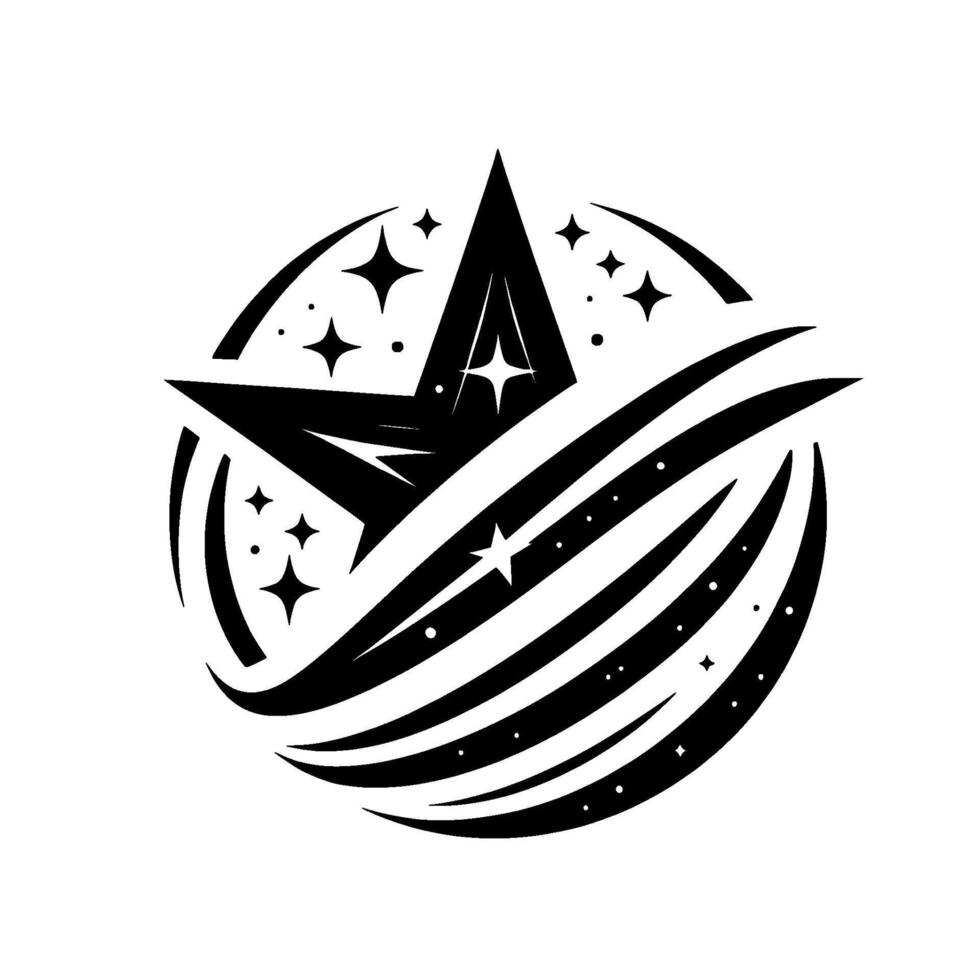 Celestial Abstract Emblem A Dynamic Black Starburst Encircled by Streaking Comet Trails and Starry Accents on White. vector