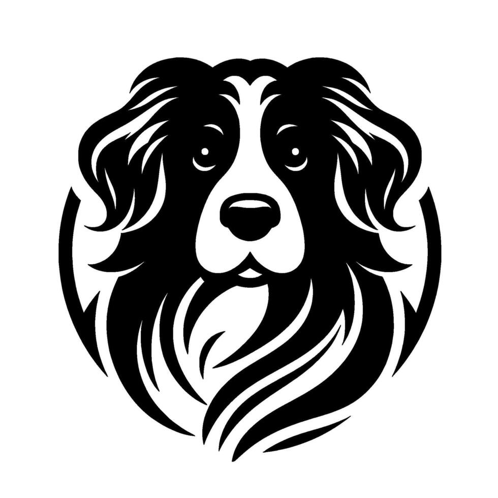 A striking, simplified black and white illustration of a Border Collies head, radiating warmth and friendliness against a clean white background. vector