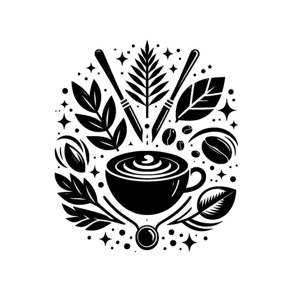 Black and white minimalist circular coffee art with cup, coffee beans, foliage, and utensils, surrounded by dots and stars. vector