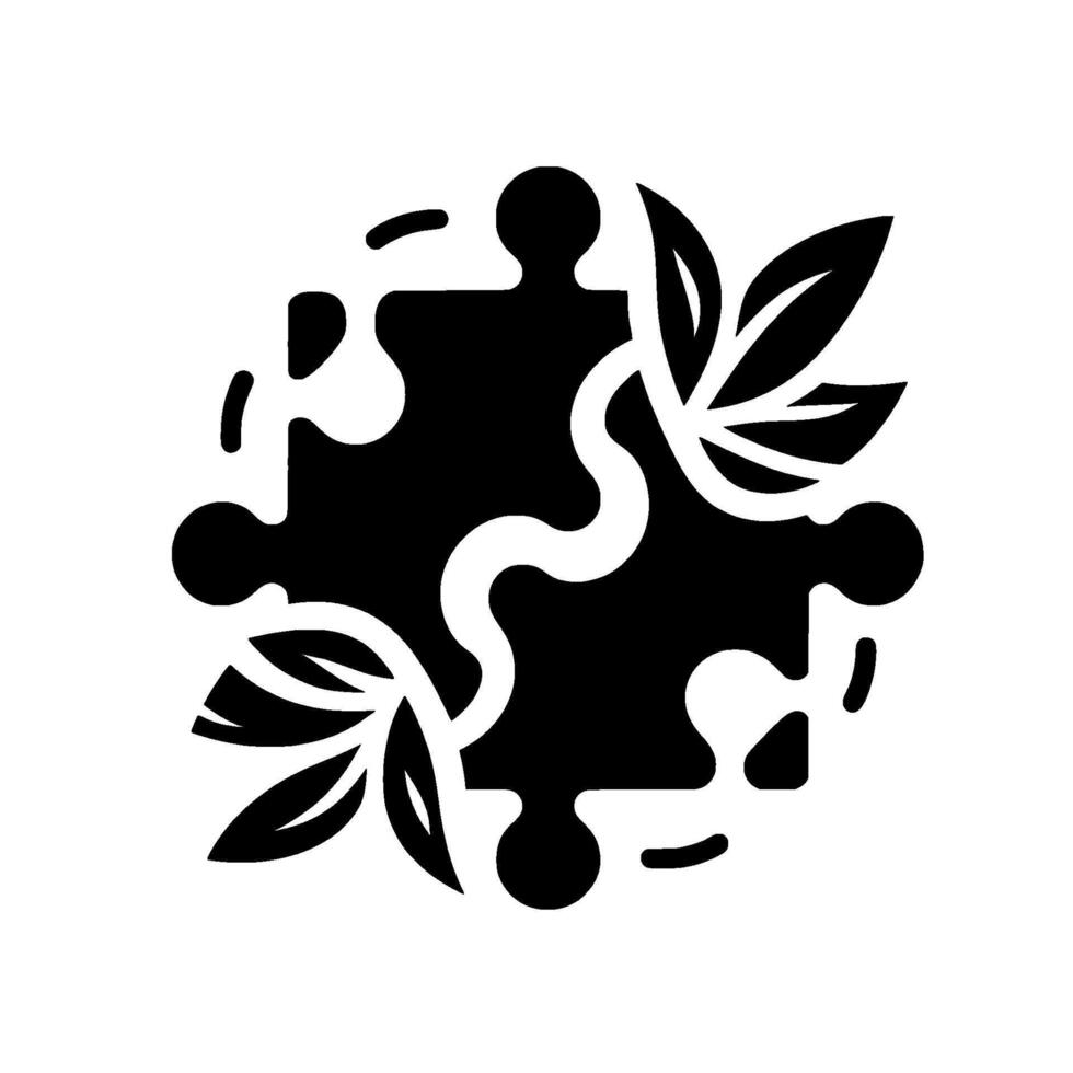 Interlocked puzzle pieces with botanical accents forming a unified, symbolic representation of cooperation, balance, and connection, rendered in black and white. vector