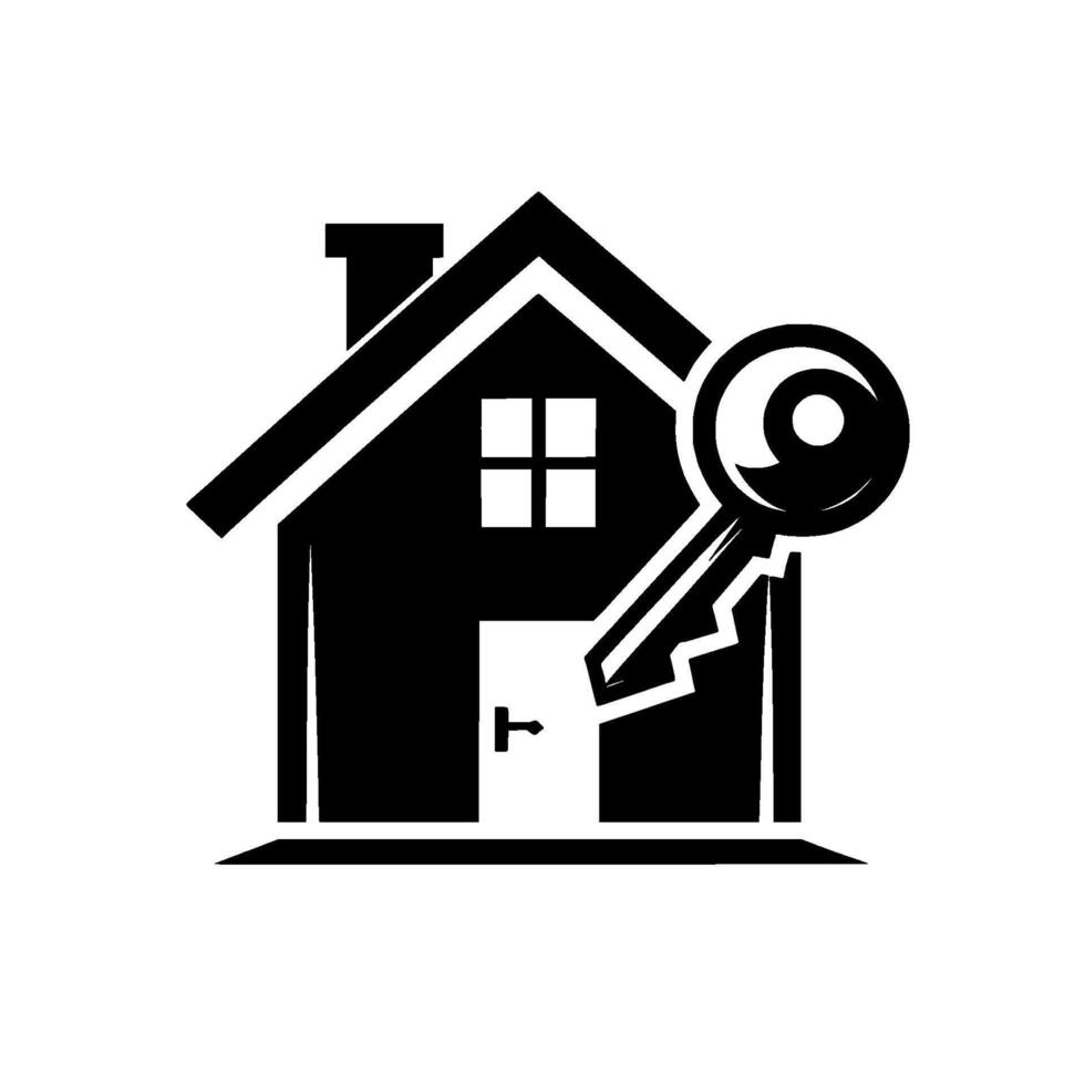 Monochromatic Real Estate House silhouette with a key overlayed, symbolizing property and ownership. vector