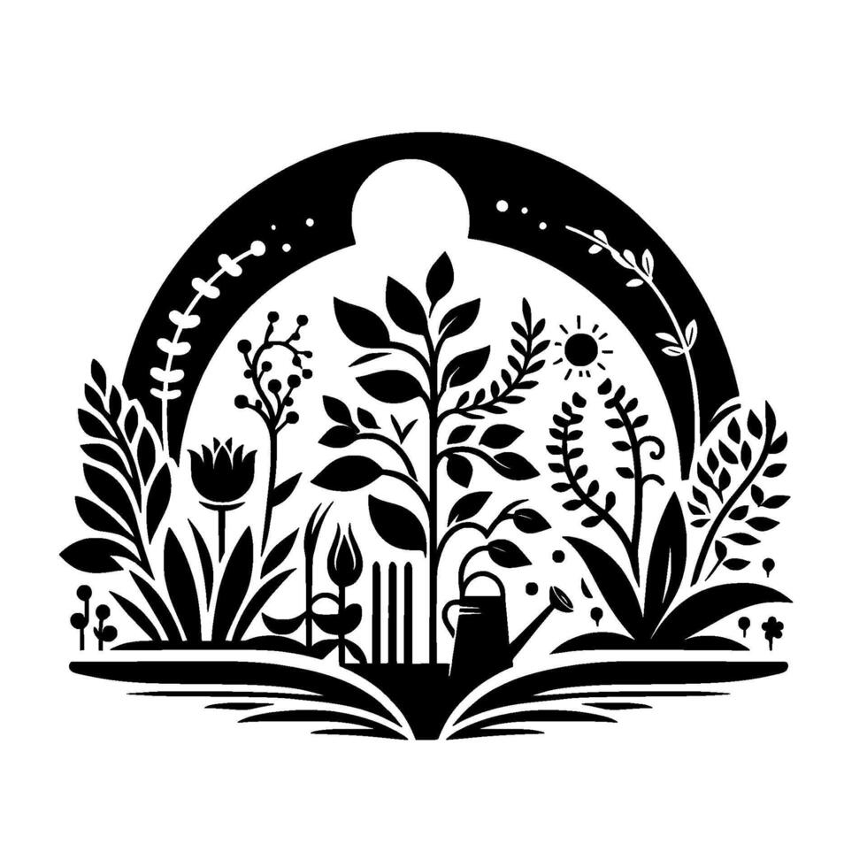 Monochrome floral garden illustration with sun, plants, watering can, and arc, representing growth and nature. vector