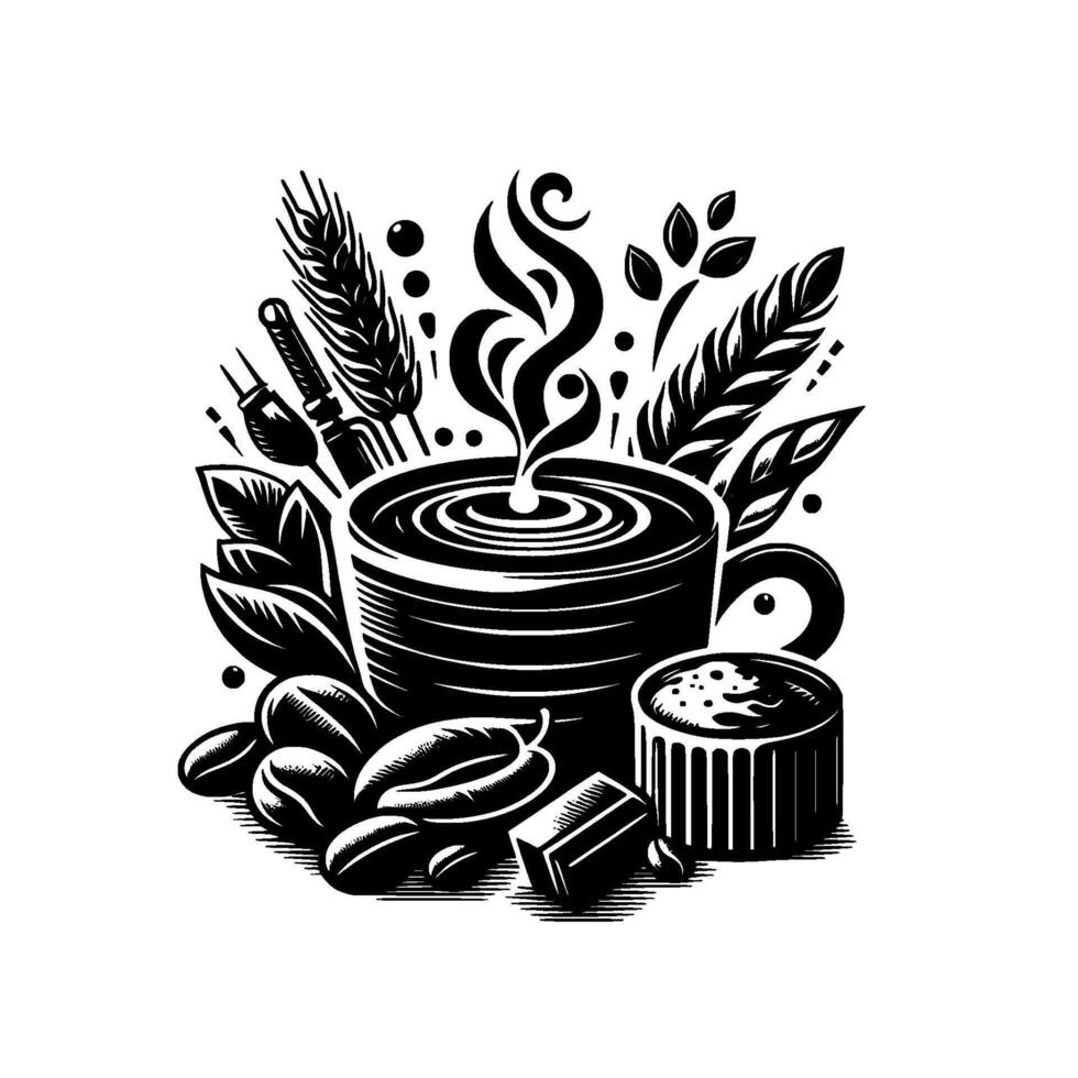 Whimsical Monochrome Illustration Steaming Coffee Cup, Coffee Beans, Pastry Organic Elements in a Stylized Arrangement. vector