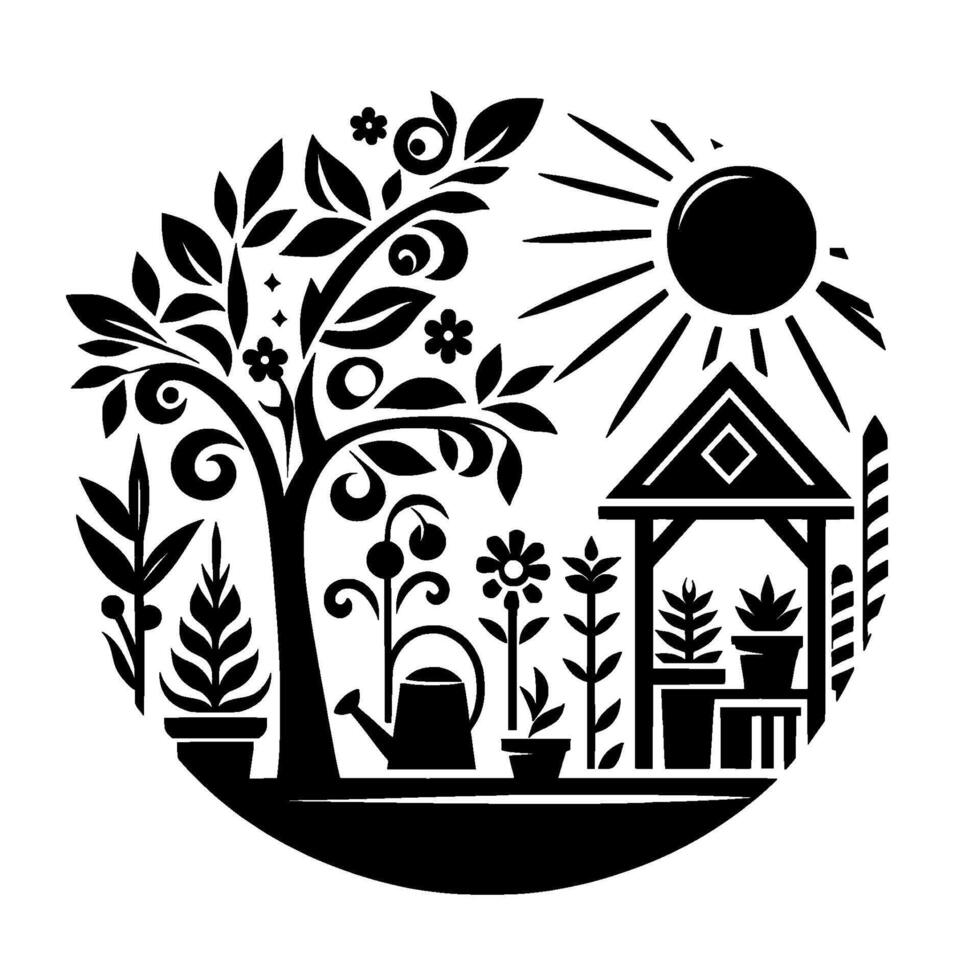 Black and white circular illustration of a garden scene with tree, gazebo, plants, sun and watering can. vector