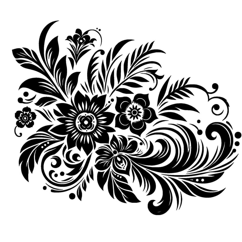 Elegant black and white floral art illustration featuring intricate flower, leaf and swirl designs on a white background. vector