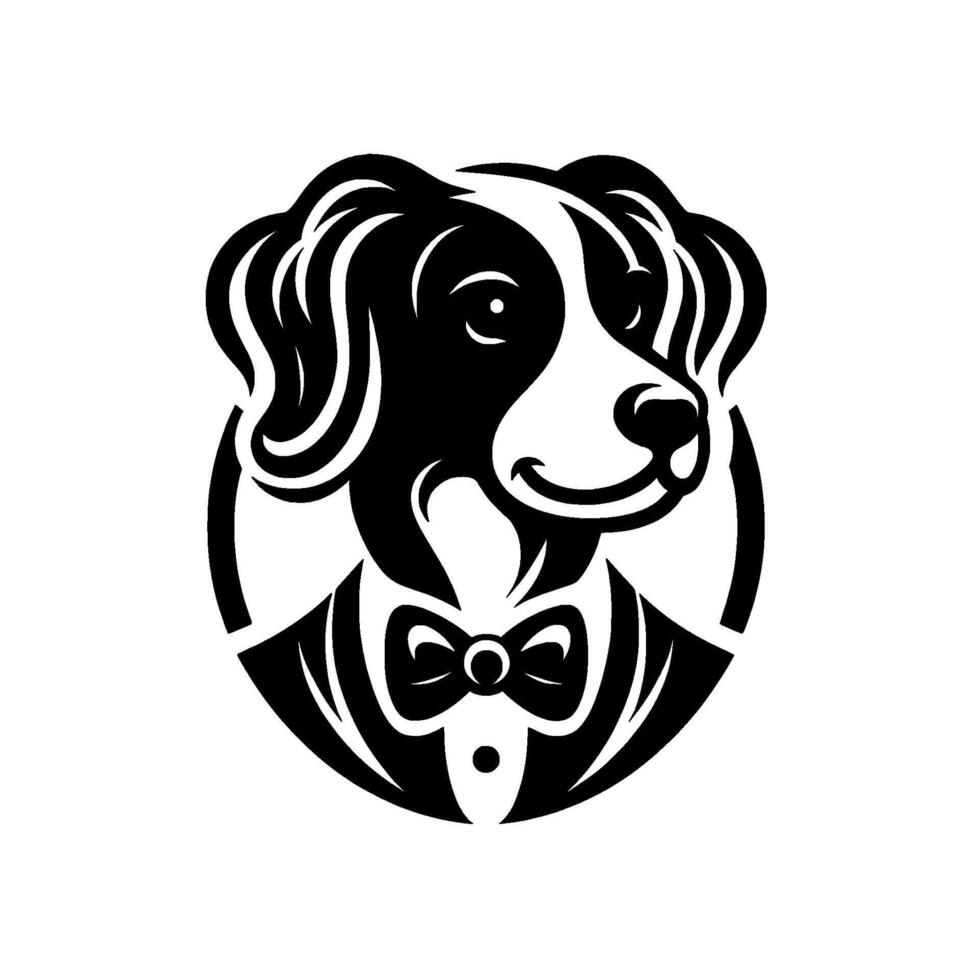 Sophisticated Dog Black and White Illustration of a Smiling Canine in a Tuxedo and Bowtie, within a Circle Frame, Emphasizing Elegance. vector