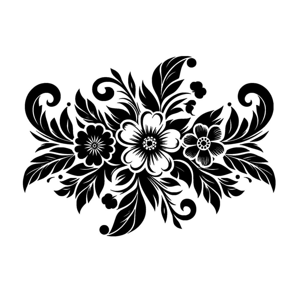 Intricate symmetrical floral in black and white, featuring stylized flowers, leaves, and ornate flourishes on a solid white background. vector