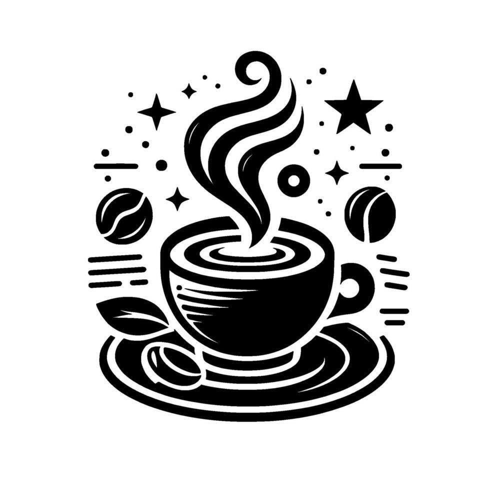 Stylized Black and White Coffee Illustration with Steaming Cup, Coffee Beans, and Celestial Accents. vector