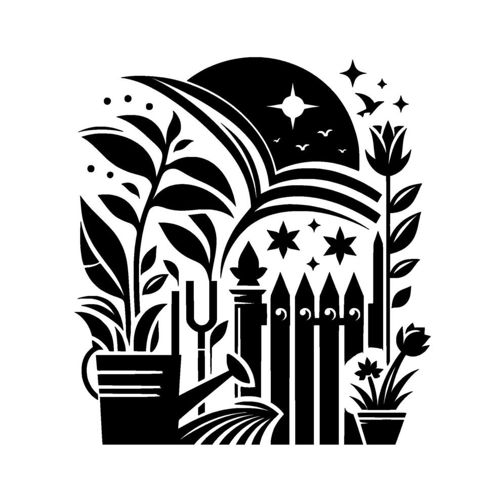 Stylized Black and White Garden Illustration Plants, Tools, Fence, and Celestial Elements, Symbolic of Growth and Beauty. vector