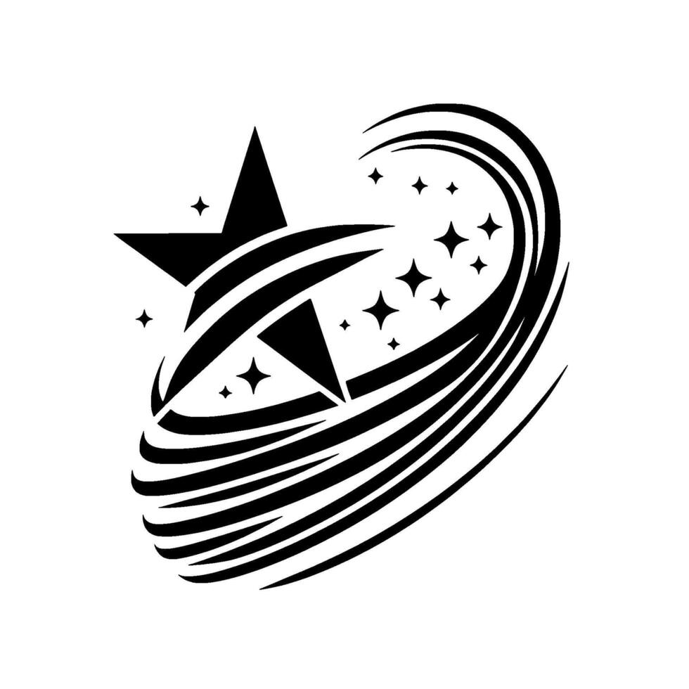 Dynamic Black and White Stellar A Bold Star Encircled by Swirling Lines and Glittering Accents on a Clean White Backdrop. vector